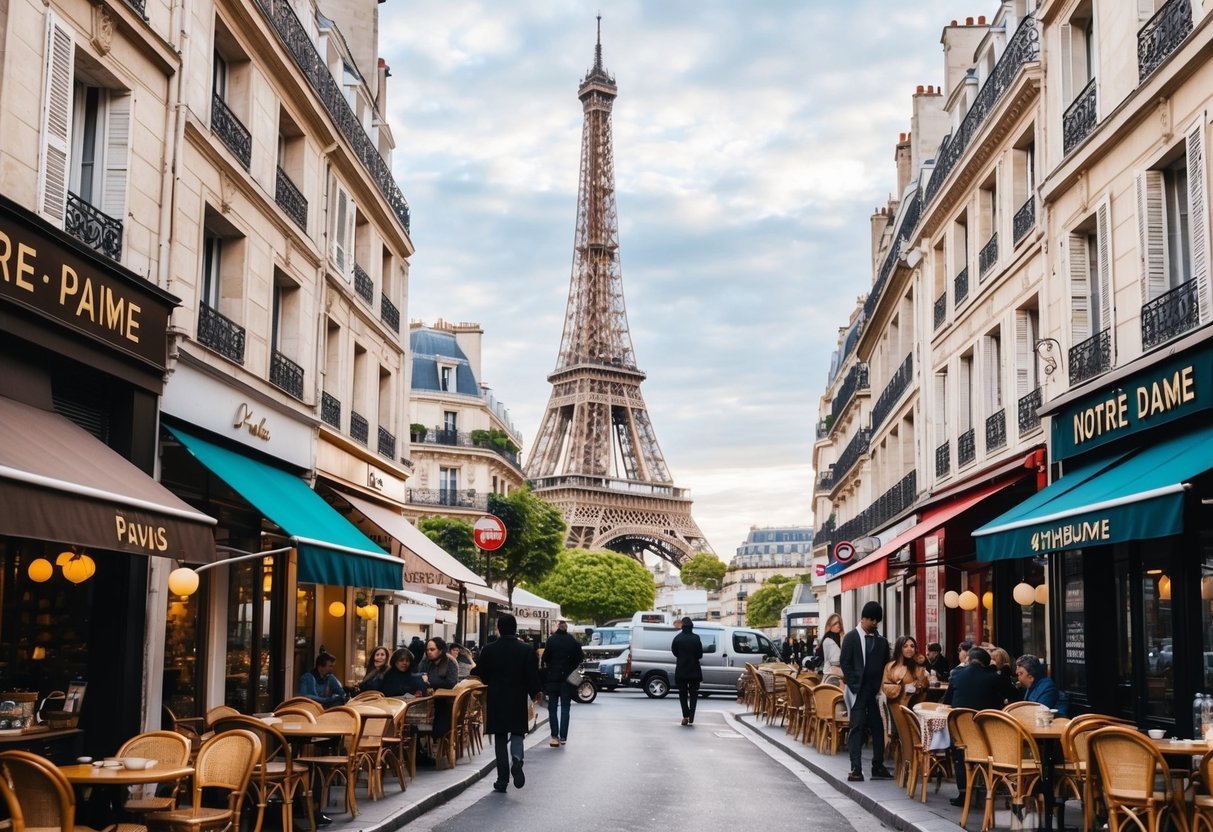 A bustling Parisian street with iconic landmarks in the background, including the Eiffel Tower and Notre Dame Cathedral, surrounded by charming cafes and shops