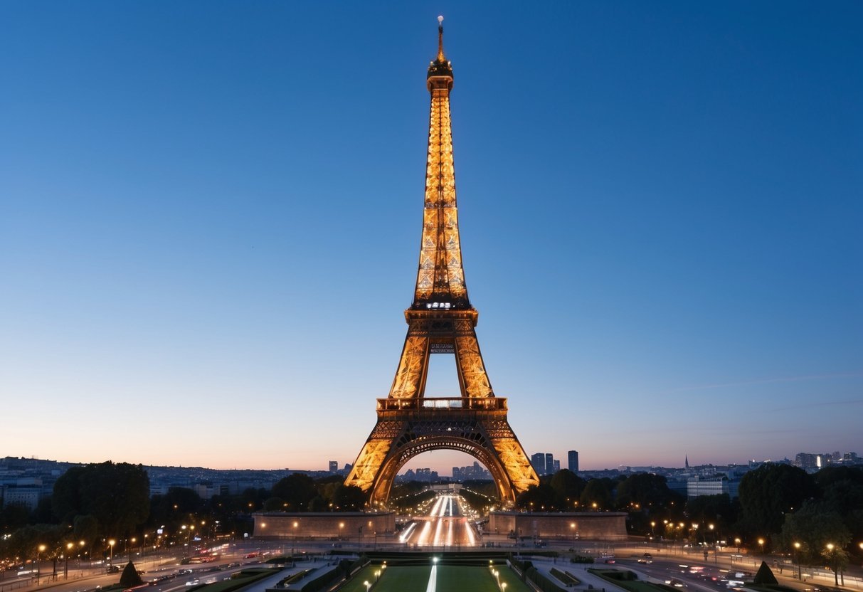 The Eiffel Tower at dusk, with a clear sky and twinkling city lights below. 3 days in Paris
