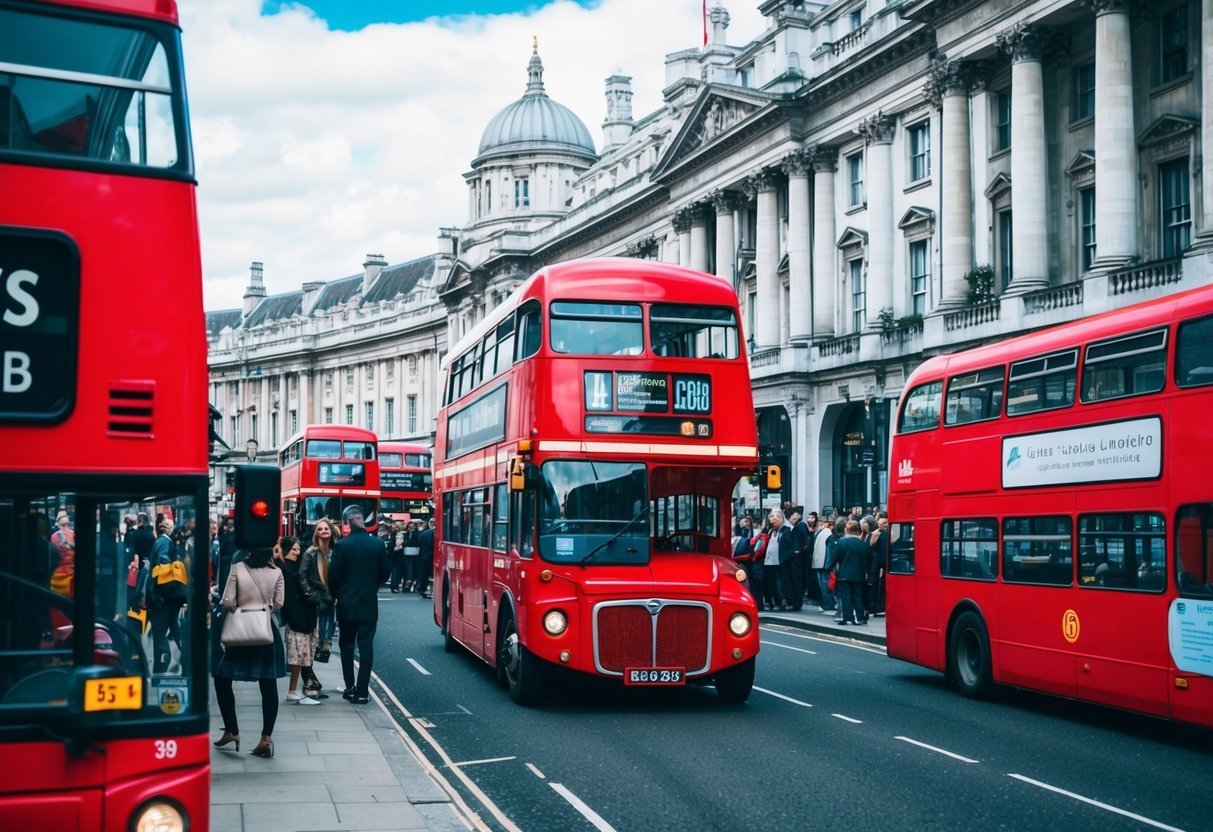 Busy London street with iconic red double-decker buses, historic architecture, and bustling crowds. 2 Days in London